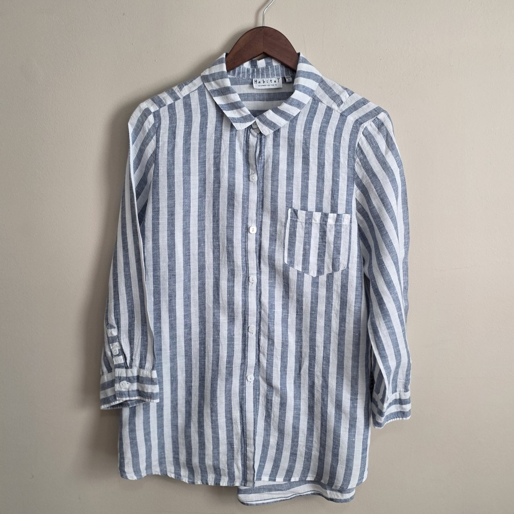 Habitat Clothes To Live In Womens Blue White Striped 100% Linen Button Shirt M
